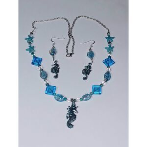 Hand painted Seahorse necklace & earring set ! sterling silver 925 gift
